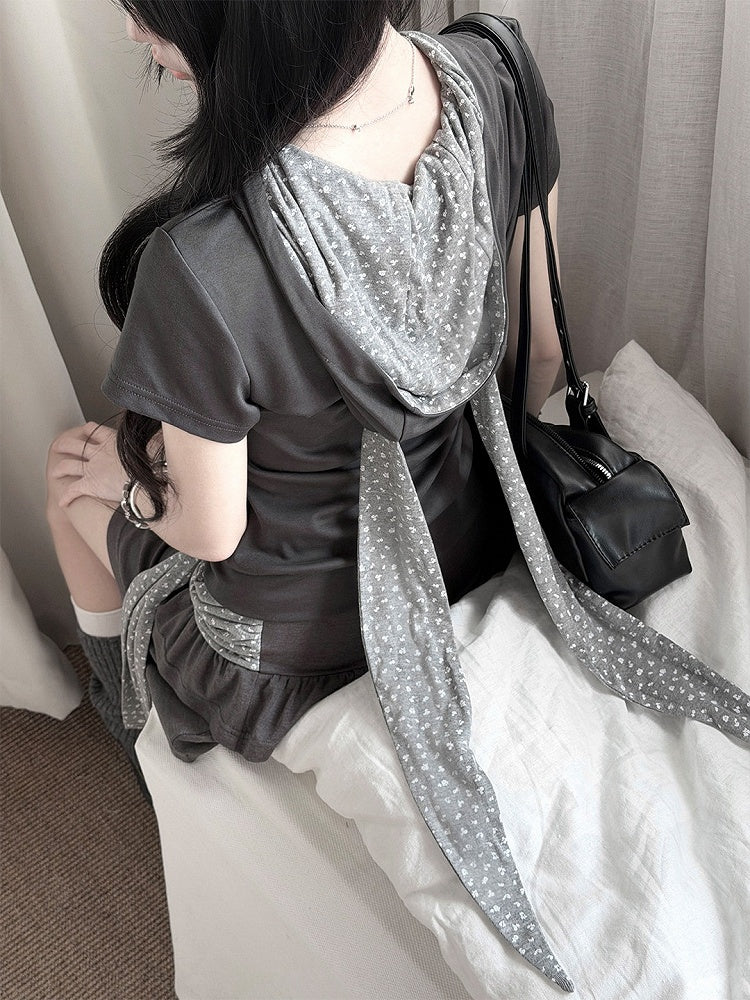 Dark Gray Bunny Ear Hoodie with Pixel Print - Kyouko Baby