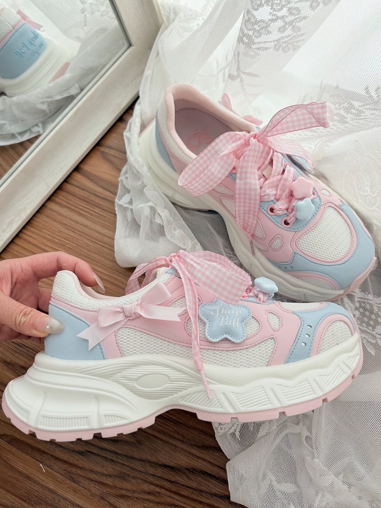 Sneakers Lolita Pink Pattern Plaid Sweet - Lace-Up Blue Closure