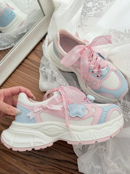 Sneakers Lolita Pink Pattern Plaid Sweet - Lace-Up Blue Closure