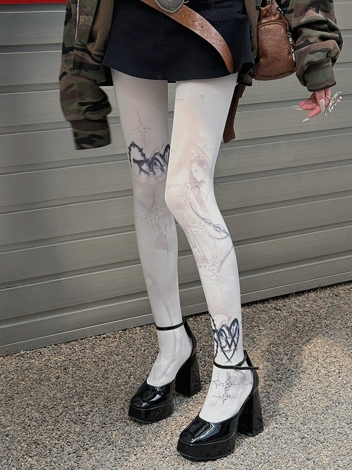 ホワイト 100D パンクプリントタイツ