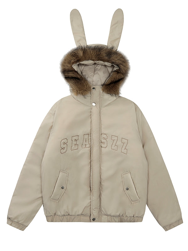 Grau/Apricot Buchstaben Druck Hasenohren Kapuze Dicke Jacke Abnehmbare Kapuze