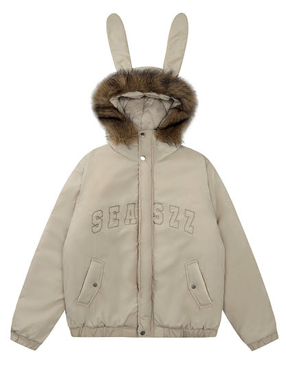 Grau/Apricot Buchstaben Druck Hasenohren Kapuze Dicke Jacke Abnehmbare Kapuze