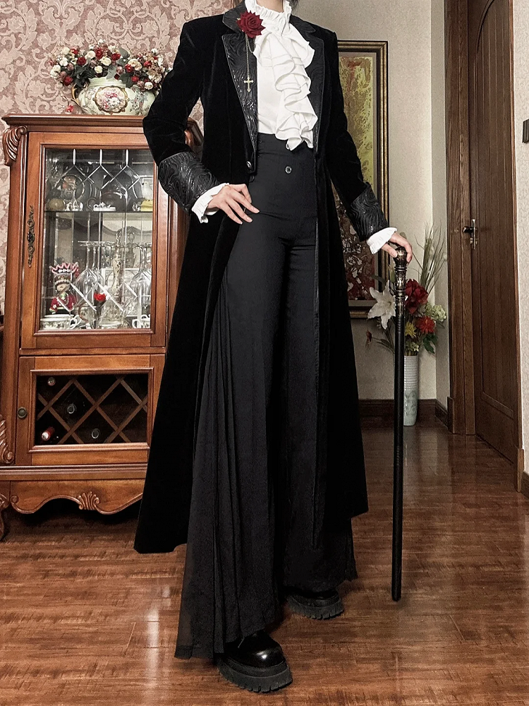 Ouji Style 110cm High Waist Wide-Leg Black Pants with Pleated Chiffon Panel - DevilInspired Exclusive Collection