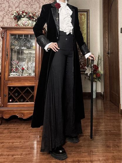 Ouji Style 110cm High Waist Wide-Leg Black Pants with Pleated Chiffon Panel - DevilInspired Exclusive Collection