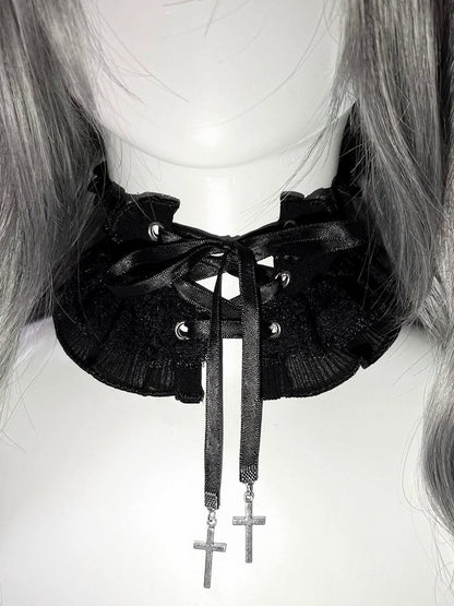Dual Color Lace Strap Choker with Cross - Magic Diary