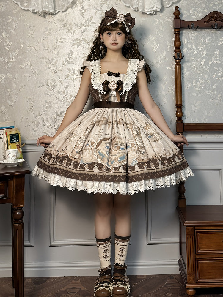 Sweet Print Lolita Jumper Skirt Brown Kitty Teddy and