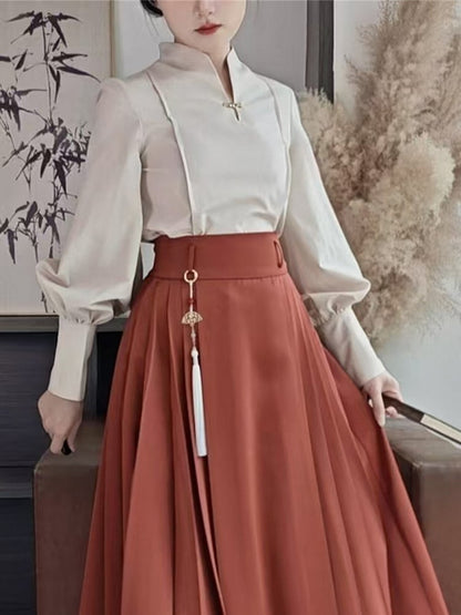 Balloon Blouse Beige Sleeves Snap Style Chinese with Fastener