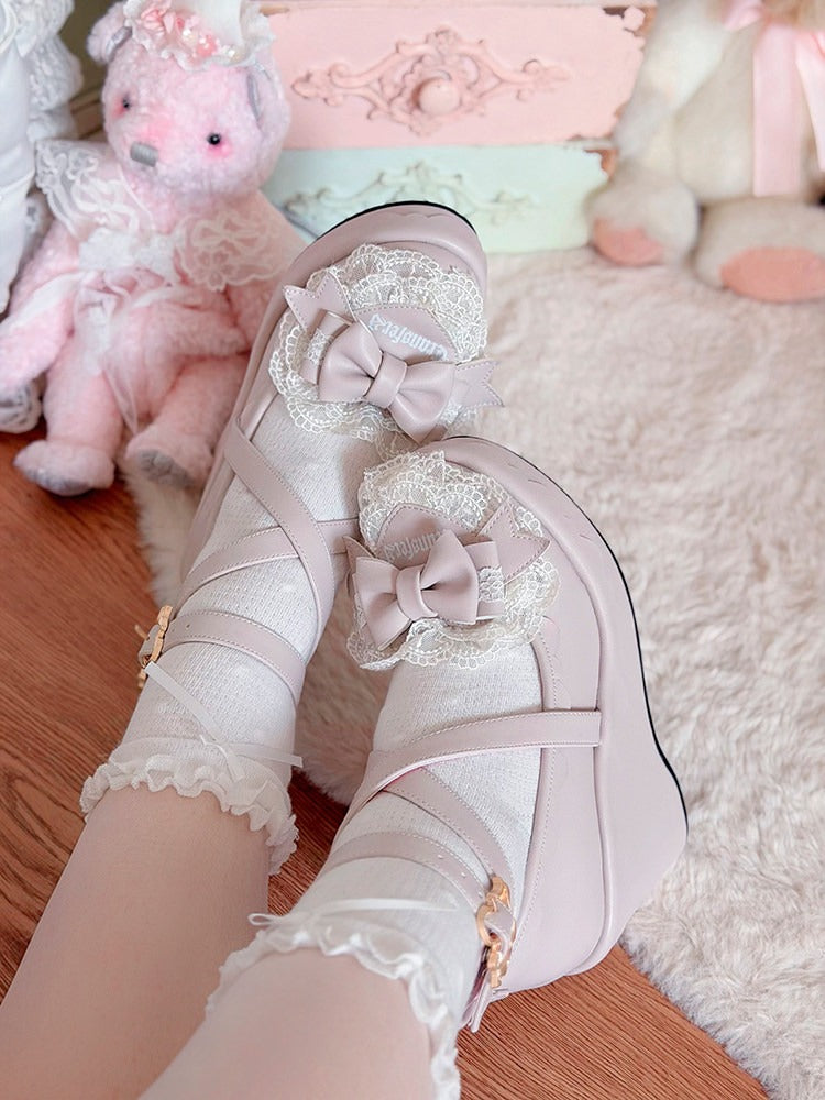 Old School Lolita Round Toe Doll Shoes 9CM Slope Heel with Butterfly Bow Cross Strap - Transfer Student