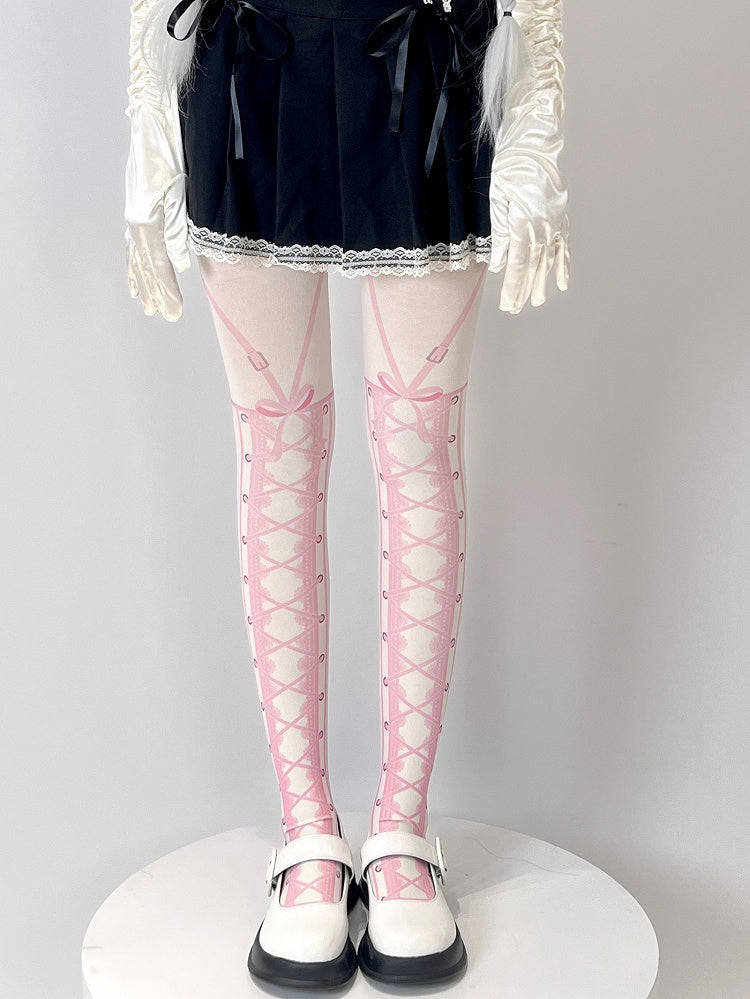Print Sweet White Lace-up Tights Lolita