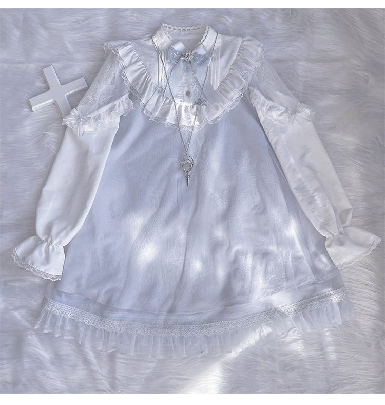 ジライケイ ライトブルー レースパッチショルダー ランドマインスタイル レーストリム ロングスリーブドレス