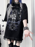 T-Shirtwith Letter Gothic Cotton Black Bow Ribbon Print NecklinePurple