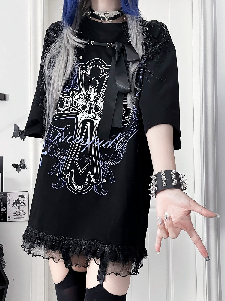 T-Shirtwith Letter Gothic Cotton Black Bow Ribbon Print NecklinePurple