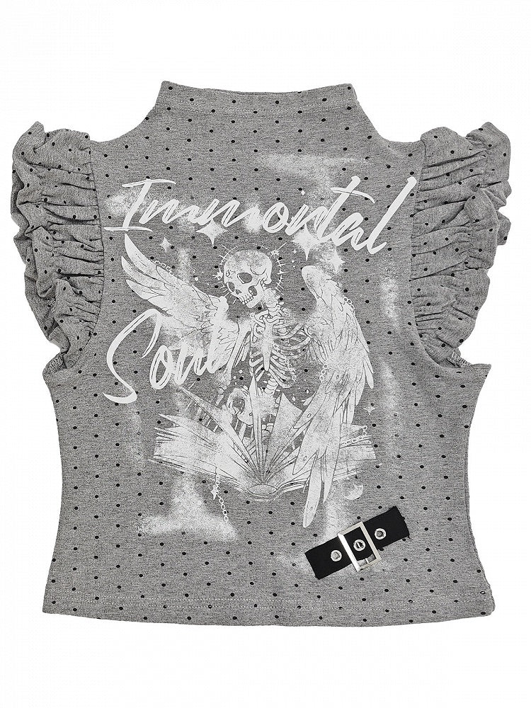 Gray White Flutter Sleeve Top with Angel Skeleton and Buckle - Catwish