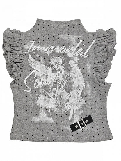 Gray White Flutter Sleeve Top with Angel Skeleton and Buckle - Catwish