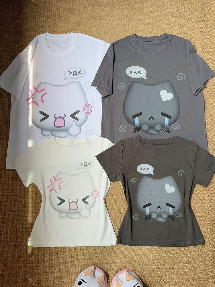 with Annoyed Neck White T-shirt Print Crew in Slim-fitting Kitty