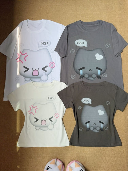 with Annoyed Neck White T-shirt Print Crew in Slim-fitting Kitty