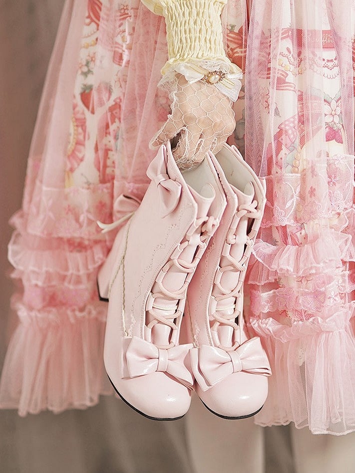 Decor Lolita with Boots Scalloped PU Edges Pink Sweet Bow