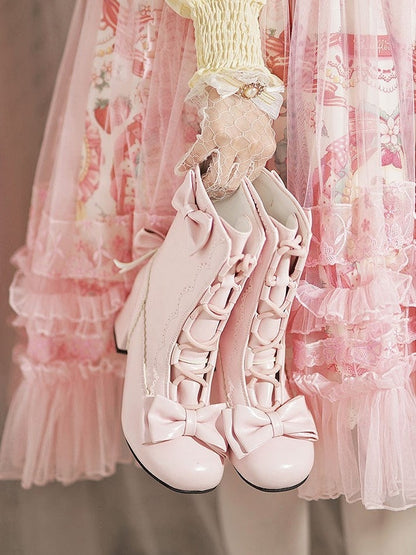 Decor Lolita with Boots Scalloped PU Edges Pink Sweet Bow