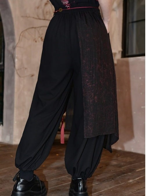 Chinese Print Gothic Black Drawstring Cuffs Talisman Red Pants Sash Wide-leg And With