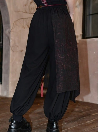 Chinese Print Gothic Black Drawstring Cuffs Talisman Red Pants Sash Wide-leg And With