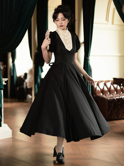 Elegant Neckline Beige Dress Waist One Piece Ruffle Sleeves Short Lolita Slim Black