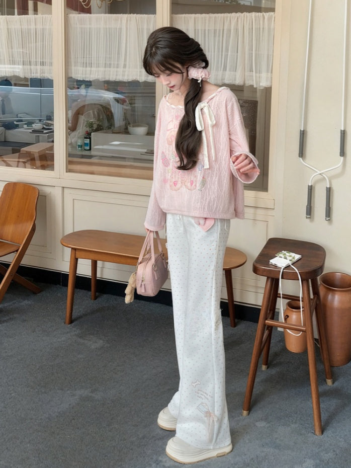 Schlaghose mit gepunkteter Spitze und Schleife, entzückendes Kätzchen-Print, Version Normal/Lang, Rosa, Weiß