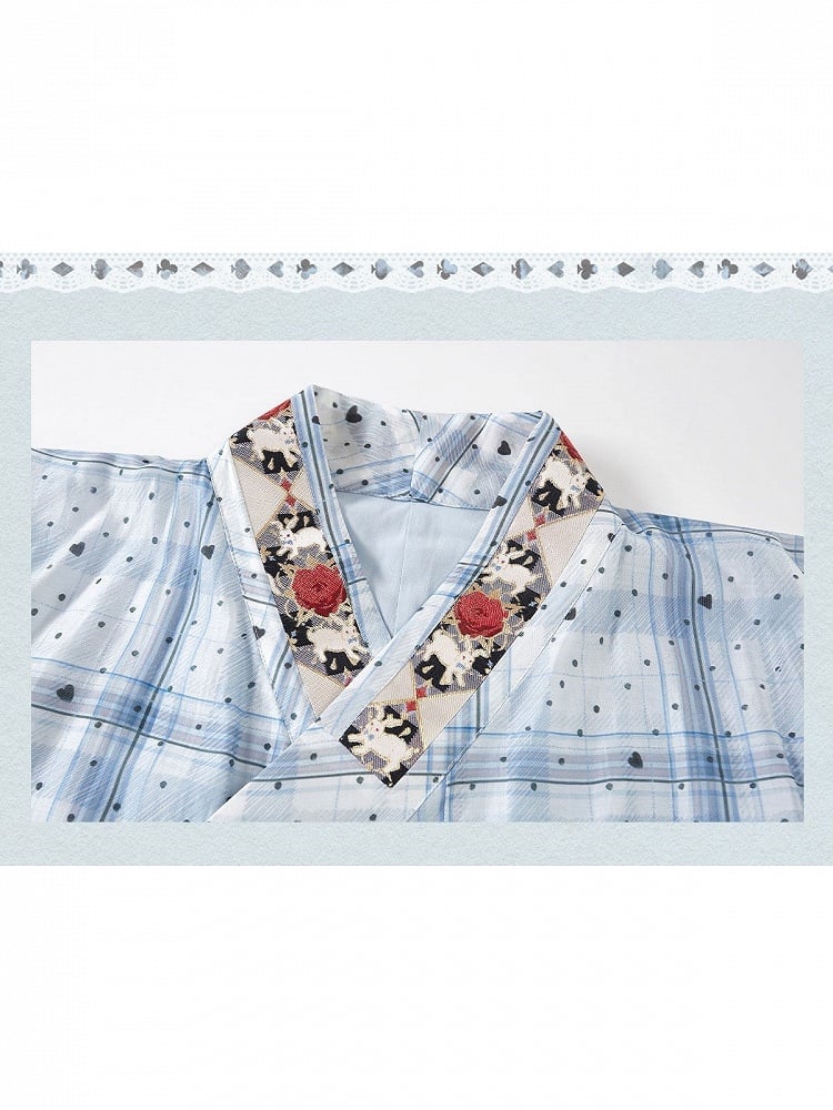 Blue Polka Dot Chinese Style Short Skirt Dress with Rabbit & Rose Pattern - Zao Jing Ji