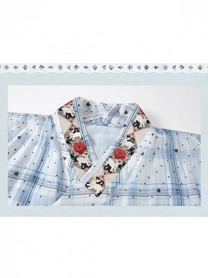 Blue Polka Dot Chinese Style Short Skirt Dress with Rabbit & Rose Pattern - Zao Jing Ji