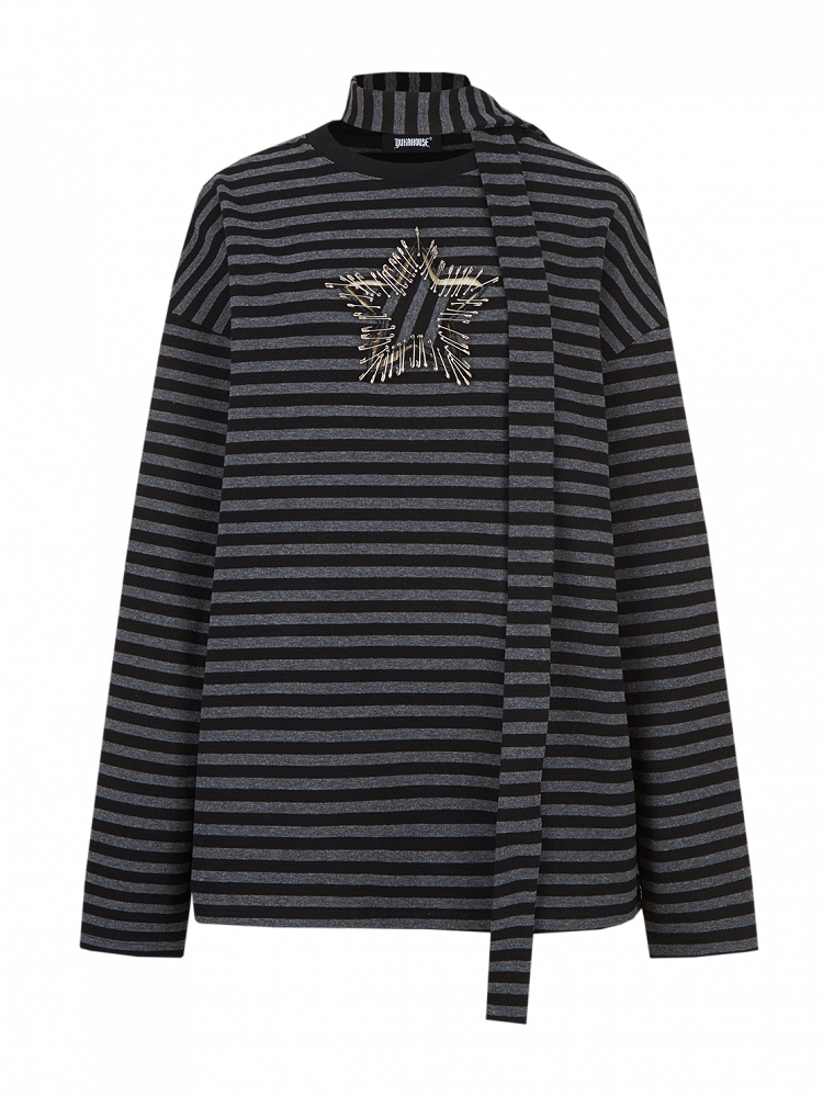 Punk Star Black Striped Top Pins Sleeves and Loose Gray Long