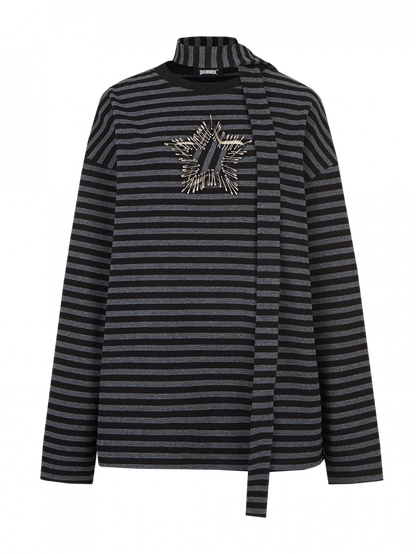 Punk Star Black Striped Top Pins Sleeves and Loose Gray Long