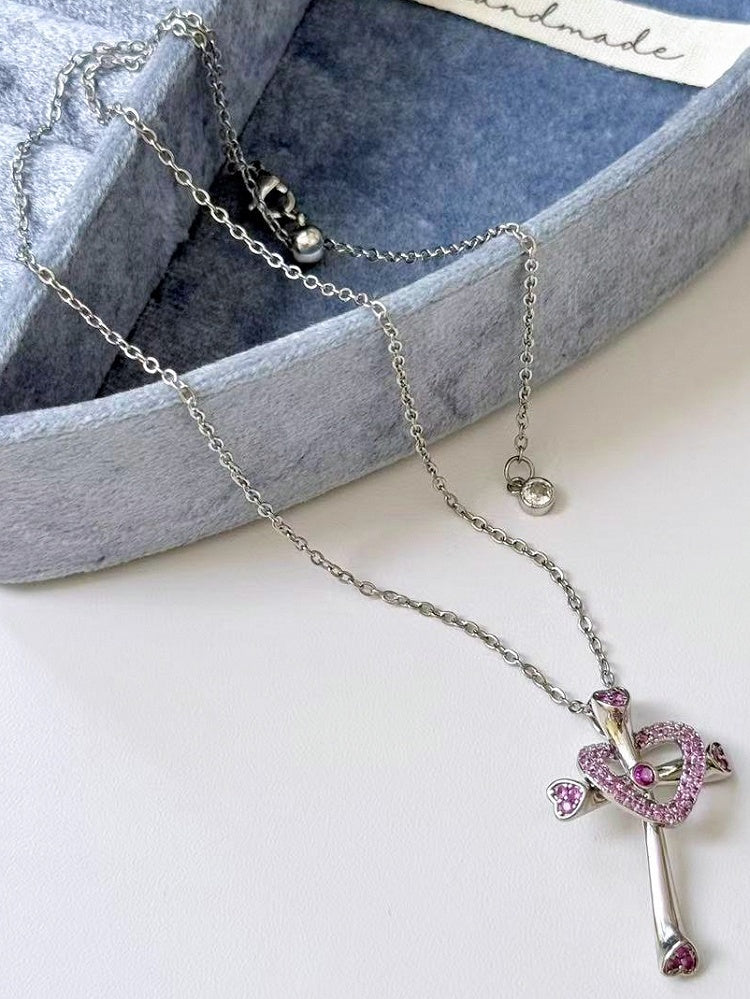 And Necklace Bittersweet Y2K Heart Cross Pendant Pink/Blue/Green Rhinestone