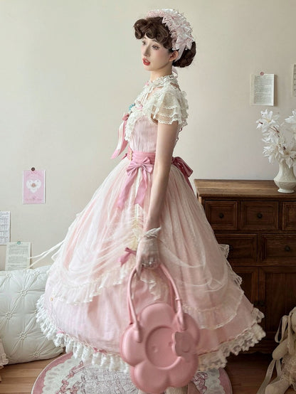 Pink with Bow Details Version Lolita Elegant Classic Dress Lace Long and
