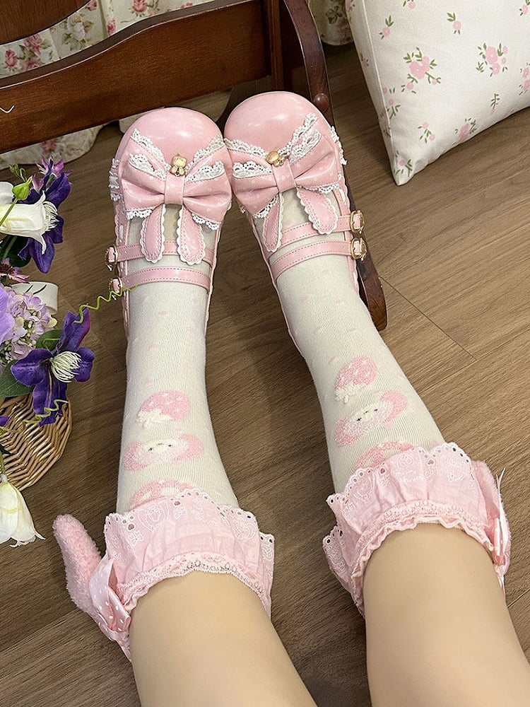 Mary in Lolita Bow Ruffle Sweet PU Janes Pink Rabbit-themed Mid-heel Trim with