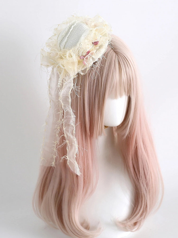 Rose Accents) Tulle Mini Hat (Pink Cream Pearl Lolita