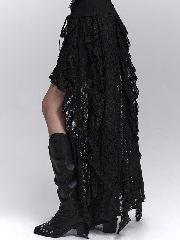 Hem High-Low Skirt Black Gothic Halloween Cascading Asymmetrical with Ruffle