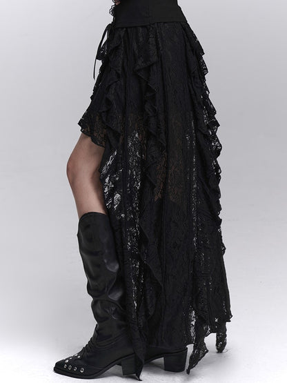 Hem High-Low Skirt Black Gothic Halloween Cascading Asymmetrical with Ruffle