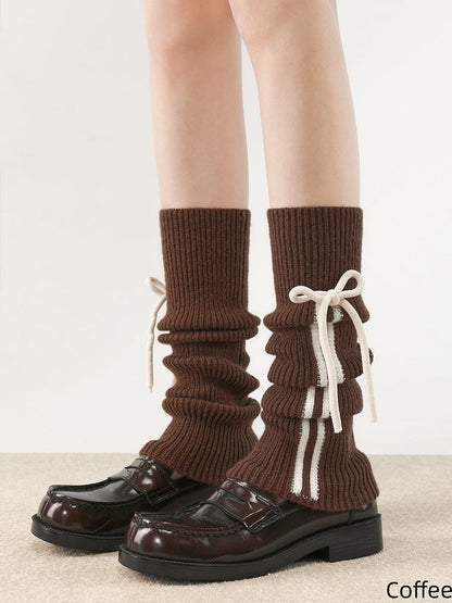 Colors Knitted Strappy Pattern Vertical Warmers 5 Bow Leg Striped Accent