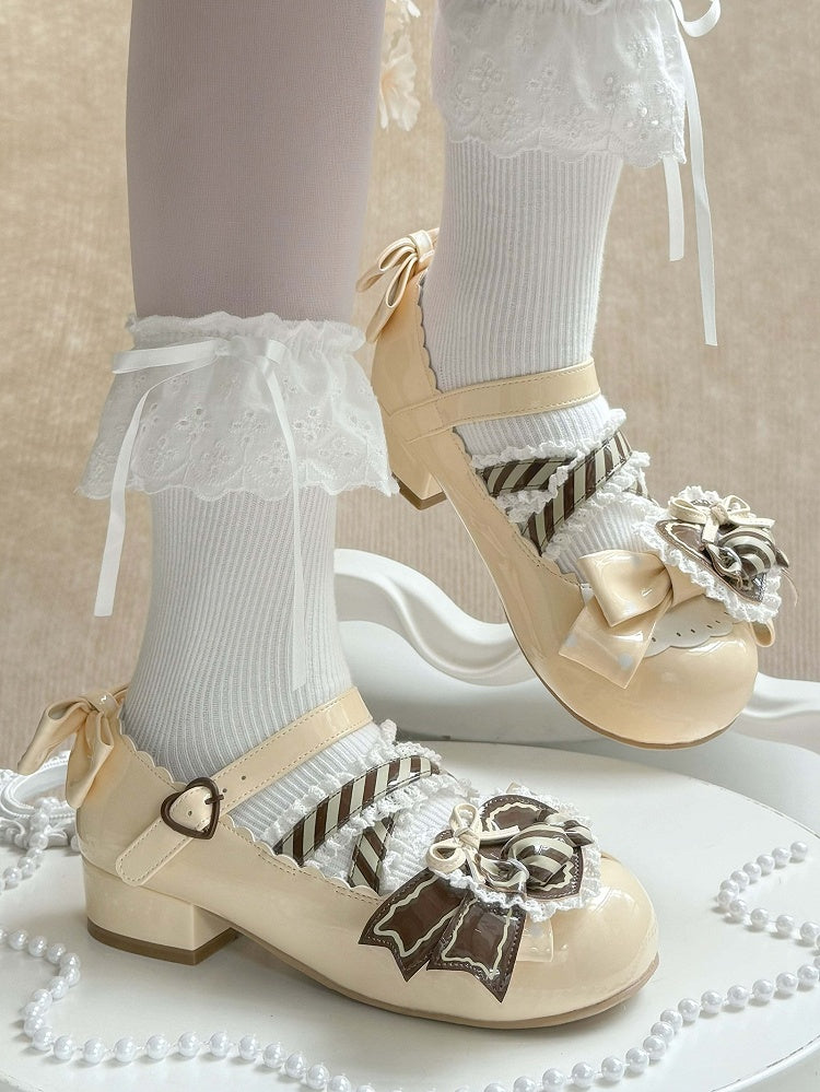 Lolita PU Mary Clip Heart Brown Leather Yellow Low-heel Janes - Candy in Sweet