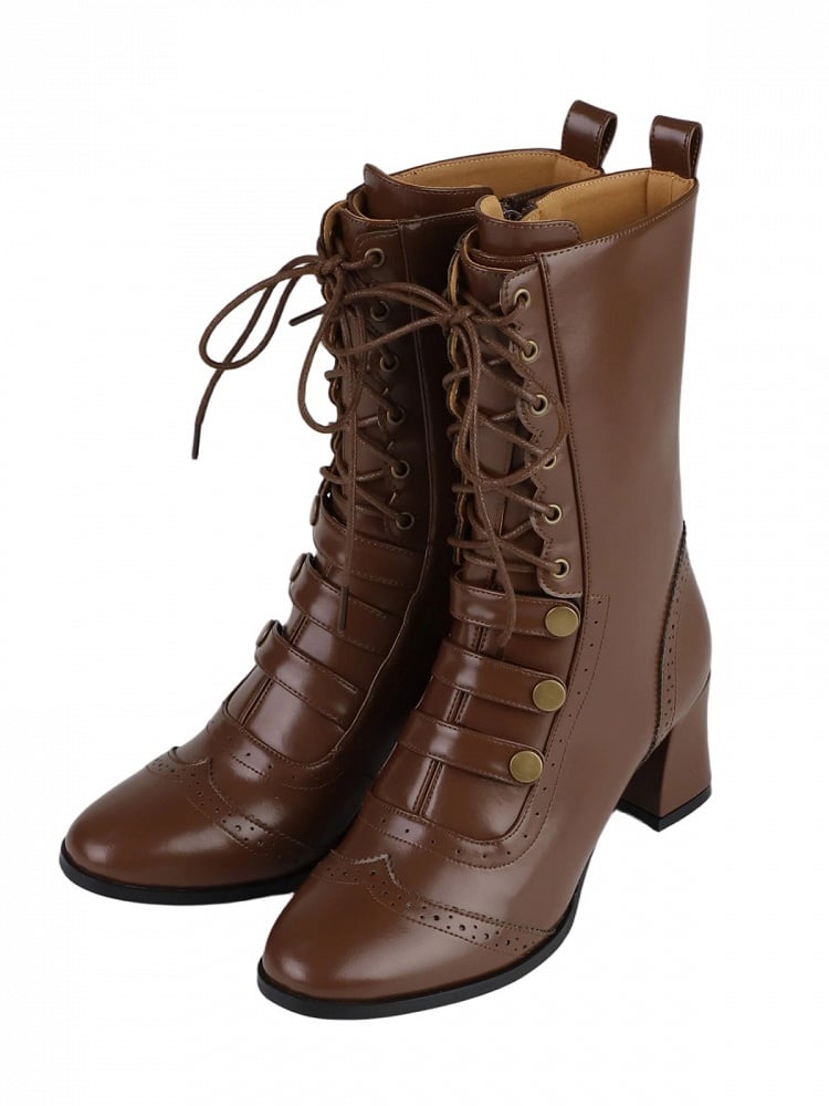 Retro Style Brown Lolita Mid-Calf Boots with Lace-up Detail & Buckle Accents - MODO