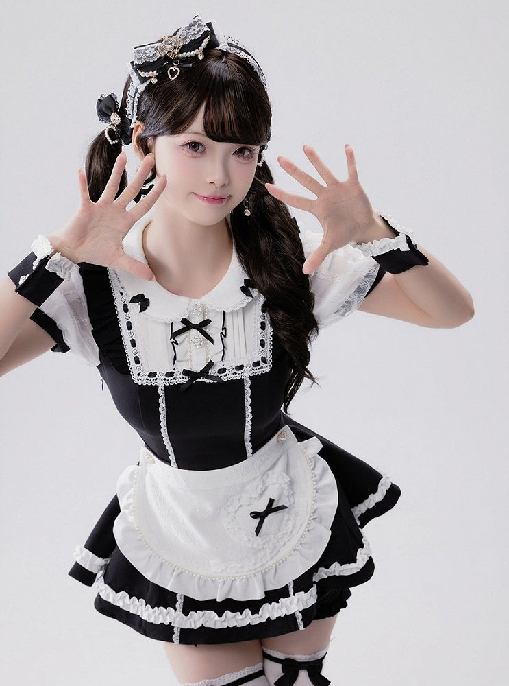 Jirai-kei Maid 4-Piece Set: Dress, Wrist Cuffs, Bloomers, Apron - Fluffy Heart