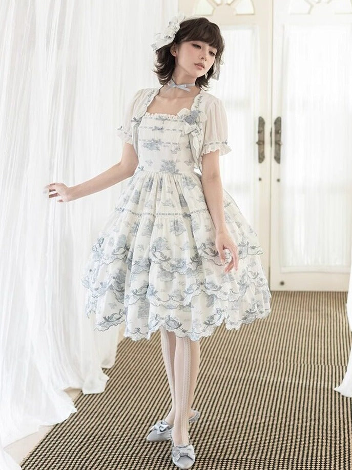 White & Blue Floral Embroidered Lolita Jumper Skirt with Detachable Belt - CEL