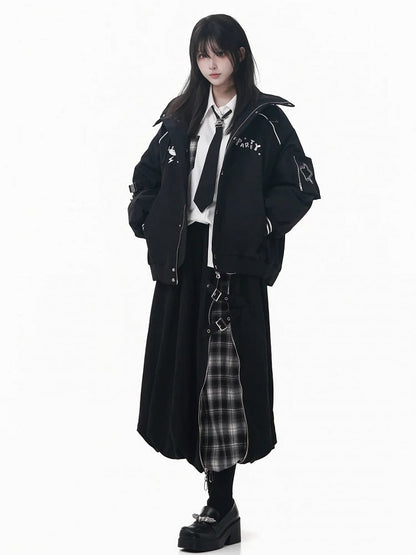 Padded Black Jacket Detail with Banded and Collar Buckle Embroidered