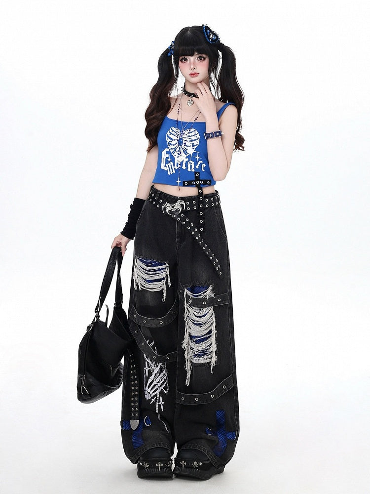 Dark Streetwear Blue and Black Ripped Flared Jeans with Skeleton Motif - CRAZY GIRL