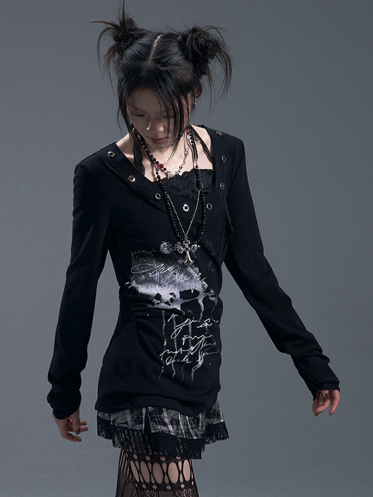 Graffiti with Halter V-Neck Knit Lace Buttons Mesh Punk Top Black