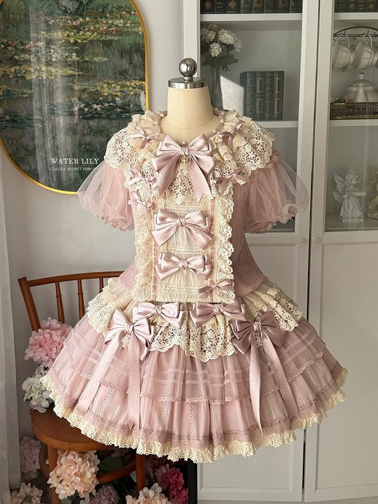 Sleeves Puff Pink with Waist Bow Dress and Sweet Beige Low Lolita Accents