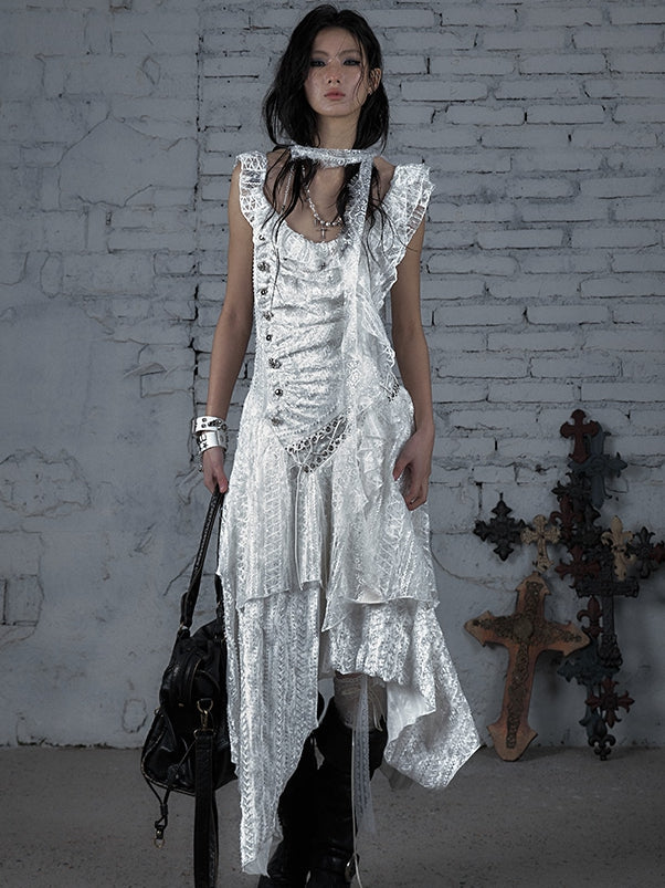 Punk Handkerchief Wasteland White Hem Lace-up Sleeveless Design Dress