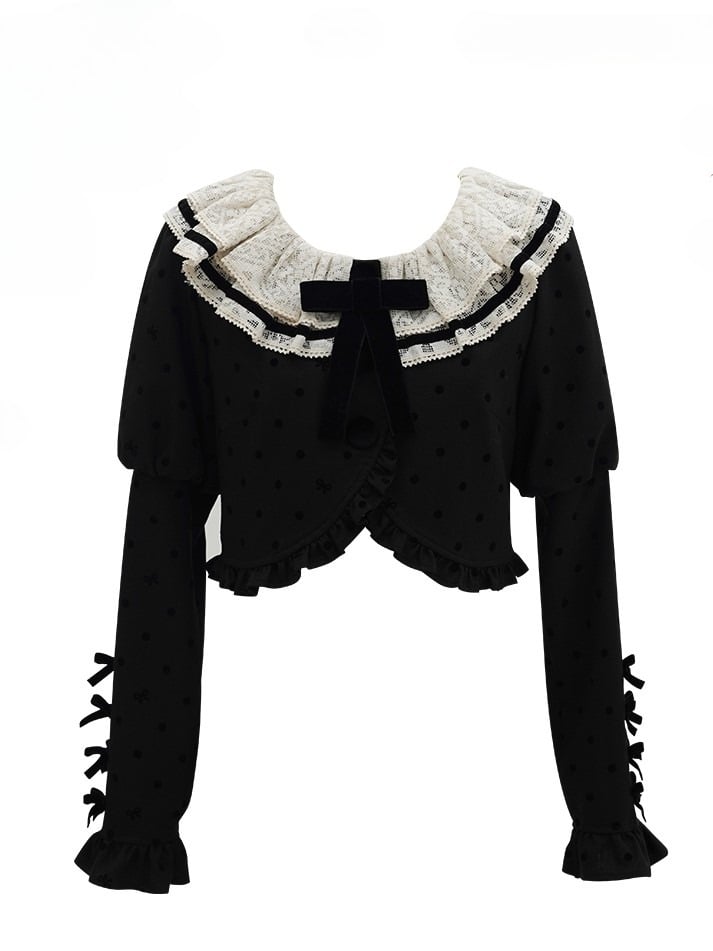 and Coat Ruffled Lolita Polka-dot Black Detail Lace Neckline Bow with White