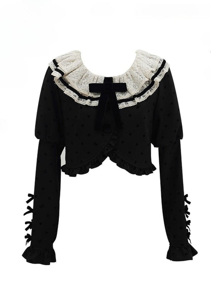and Coat Ruffled Lolita Polka-dot Black Detail Lace Neckline Bow with White