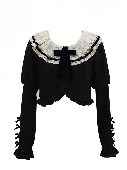 and Coat Ruffled Lolita Polka-dot Black Detail Lace Neckline Bow with White