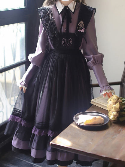 Front with Trim Embroidery Detail and Mesh Apron Dress Purple Lace Black at